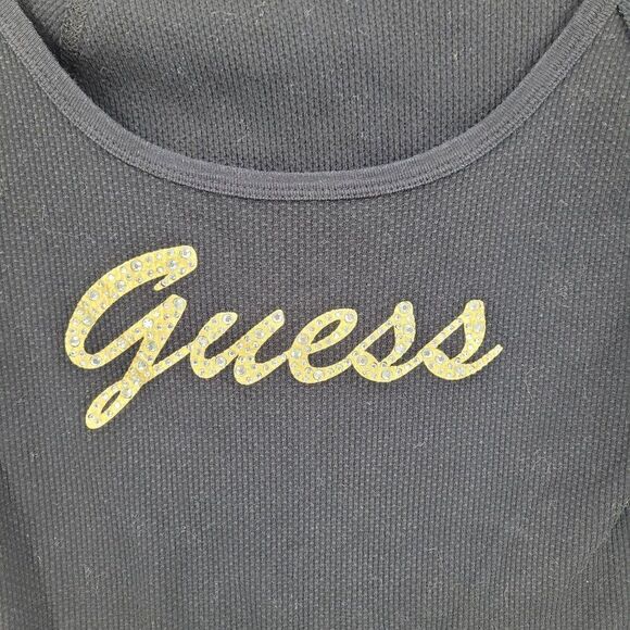 Y2K‎ Guess Black Long-Sleeve Thermal Knit Top Womens Sz M Gold Rhinestone Logo - Picture 2 of 12
